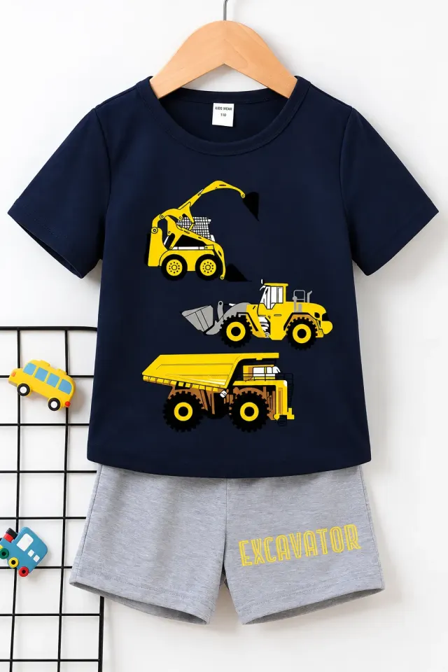 EXCAVATOR KEPÇE BASKILI ÇOCUK PAMUKLU ŞORT TİŞÖRT TAKIM