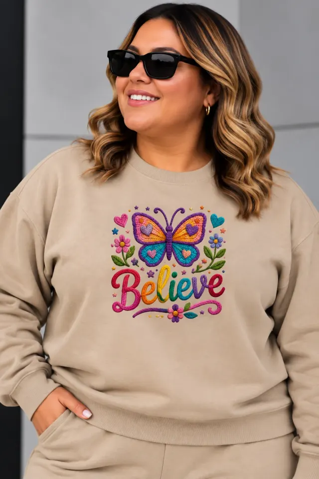 Kadın Gri Kelebek Ve Believe Baskılı Bisiklet Yaka Oversize Sweatshirt