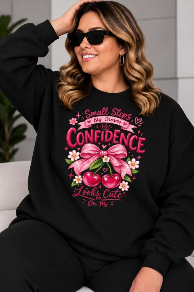 Kadın Siyah Confidence Yazılı Kiraz Desen Baskılı Sweatshirt