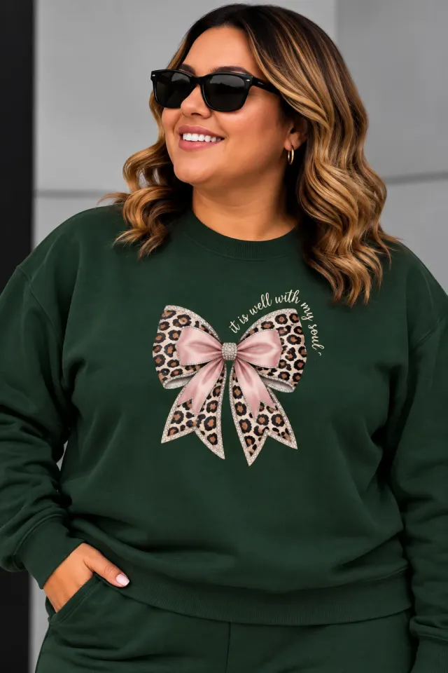 Kadın Leopar Ve Kurdele Baskılı Bisiklet Yaka Oversize Sweatshirt