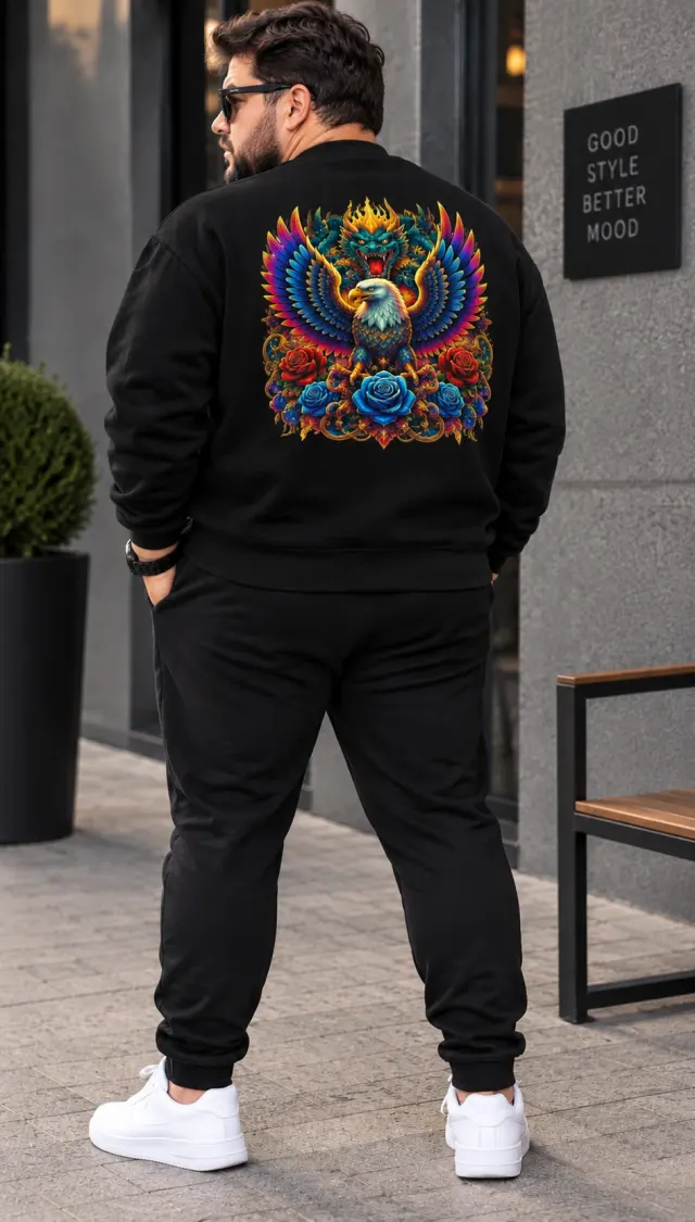 Bej Renkli Kartal Motifli Streetwear Erkek Sweatshirt