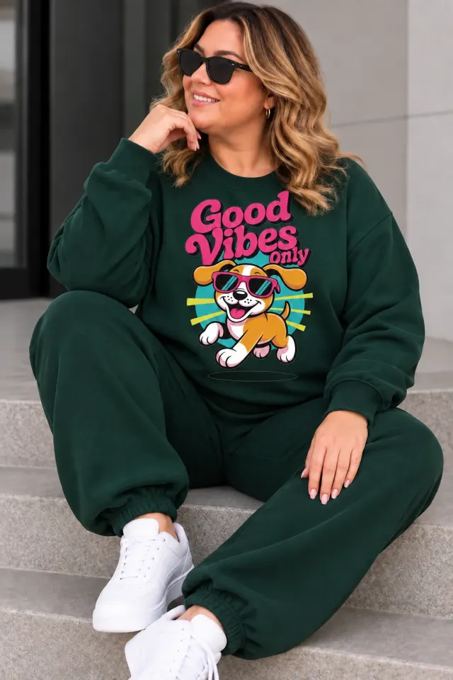 Good Vibes Only Köpek Baskılı Kadın Sweatshirt