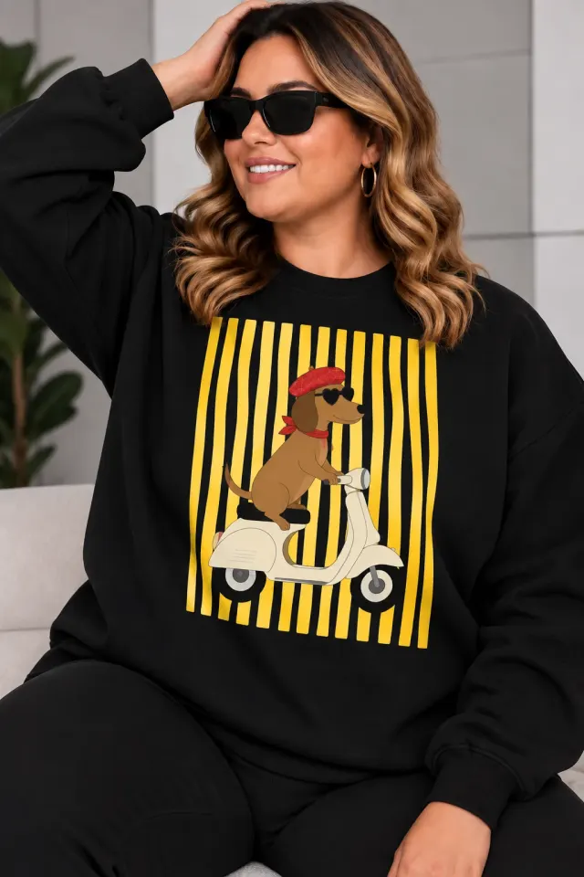 Sarı Çizgili Scooter Köpek Figürlü Oversize Sweatshirt