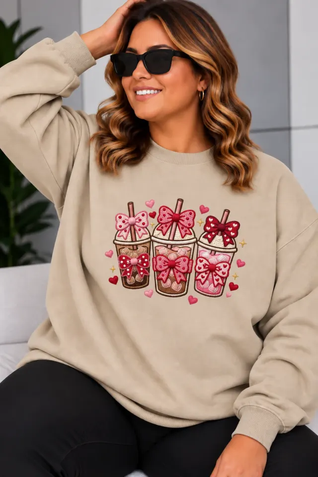Kadın Pink Coffee Kurdele Desen Baskılı Sweatshirt